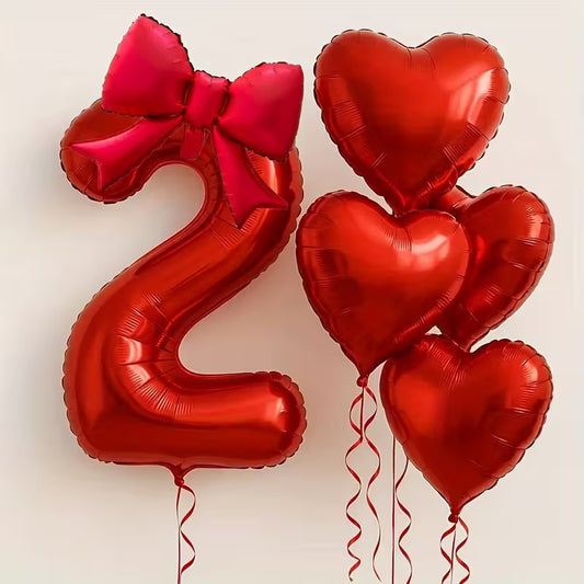 6pcs Set 32-inch Red Number Bow Heart Foil Balloon Set – Elegant Party Decorations in Dubai