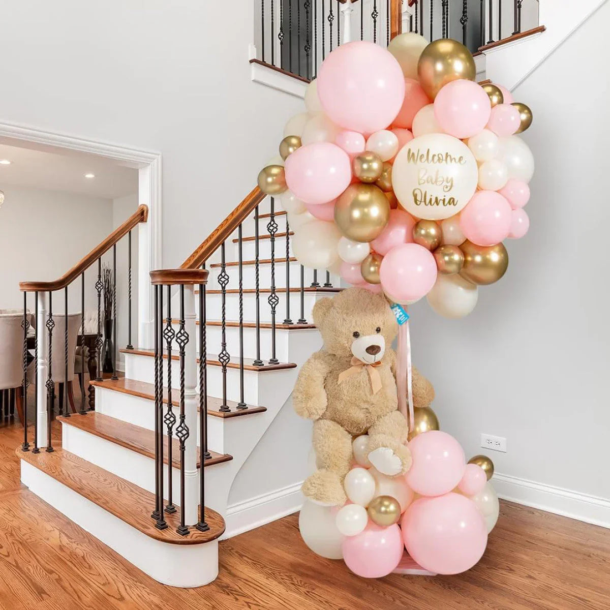 Baby pink and gold personalized hot air balloon with teddy bear for baby shower in Dubai