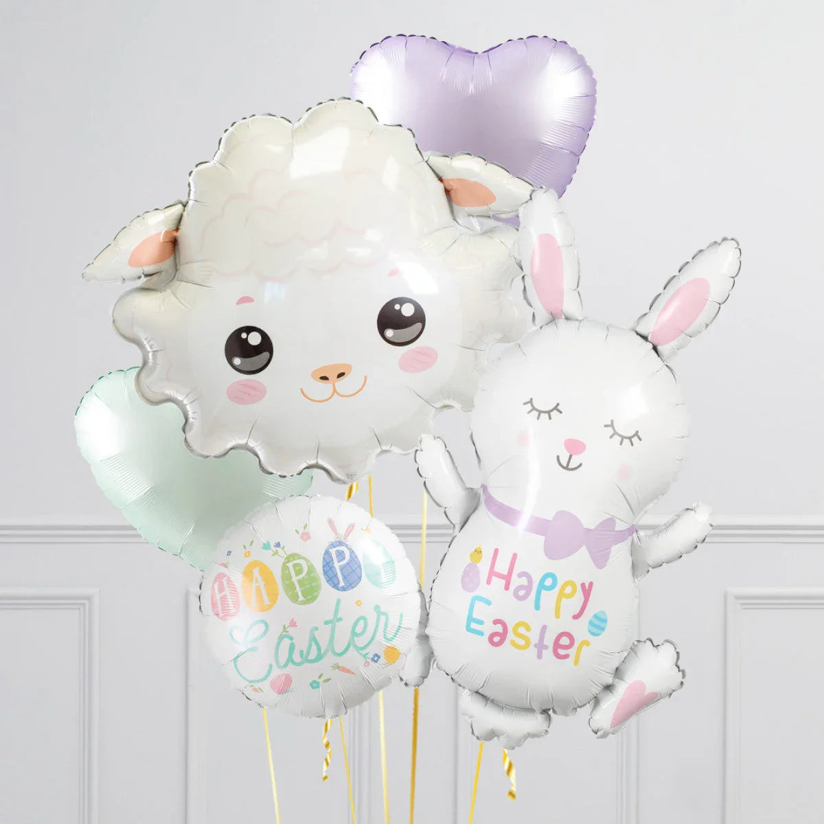 Happy Easter balloons featuring a smiling lamb, a bunny with a bow tie, heart shapes, and colorful text