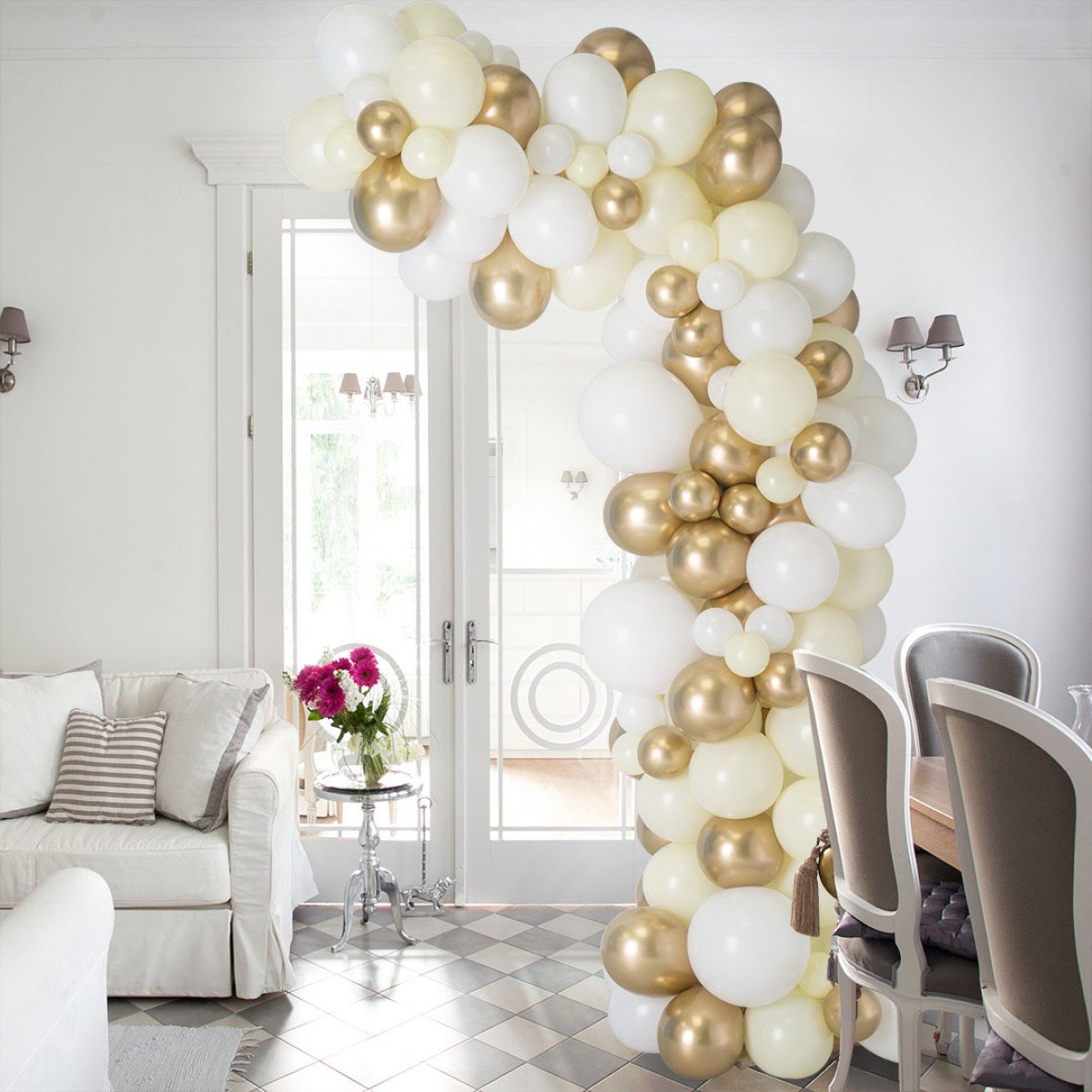 Cream Chrome Ivory Gold Asymmetric Balloon Arch – 2m Tall