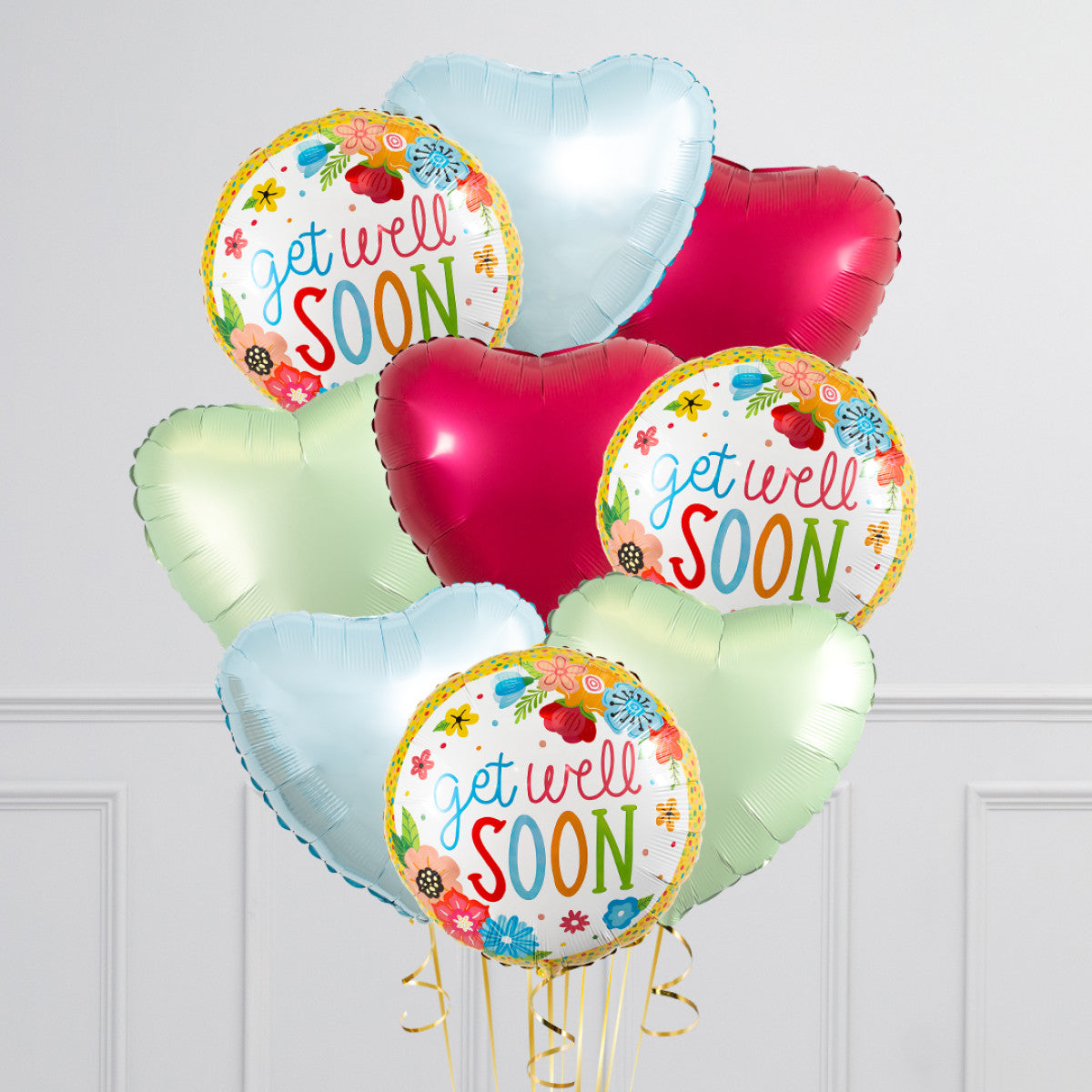 Floral Get Well Soon Hearts – Helium Inflated Foil Balloon Bunch