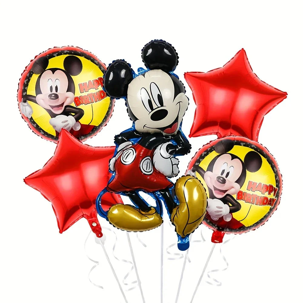 Mickey Mouse birthday balloons set with red stars and round Happy Birthday balloons