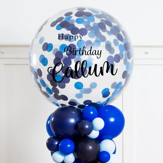 2.5m Personalised Deep Blue Confetti Balloon Party Pillar – Dubai Balloon Decor
