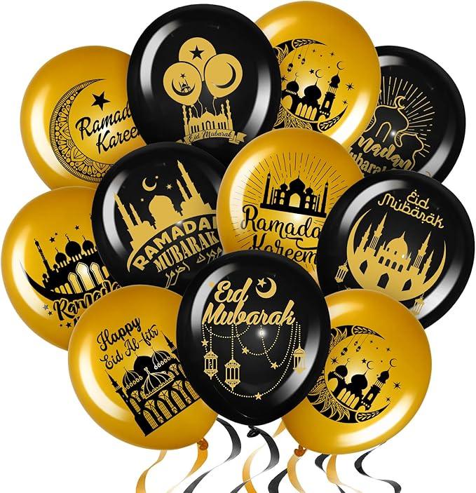 Black and gold Eid Mubarak balloons with mosque, crescent moon, lantern designs, Ramadan decorations