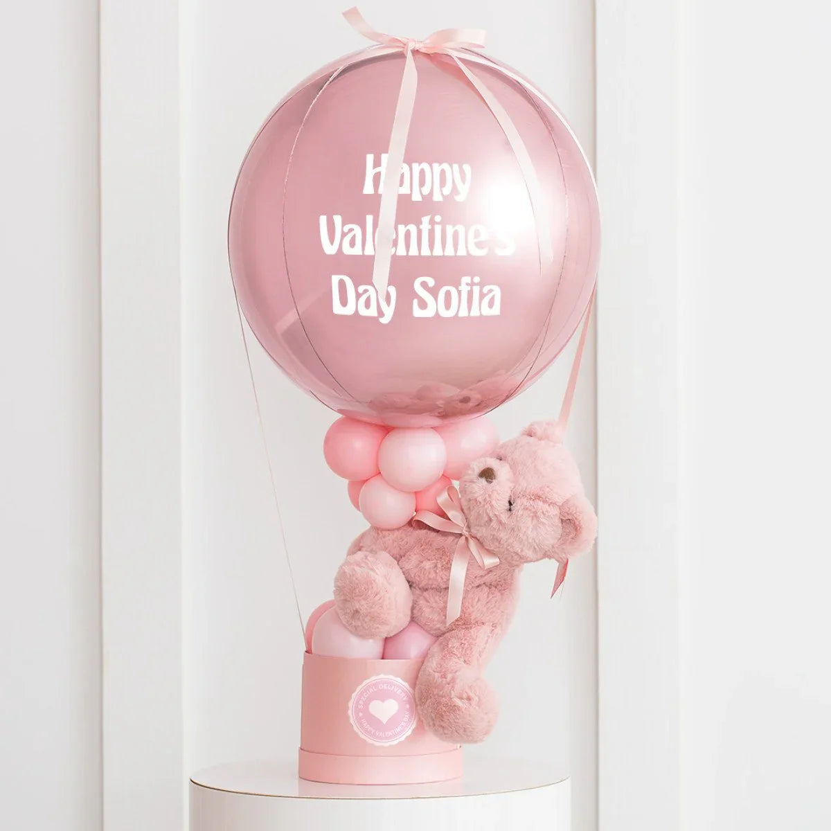 Pink hot air balloon gift with teddy bear, balloons, and 'Happy Valentine's Day Sofia' text