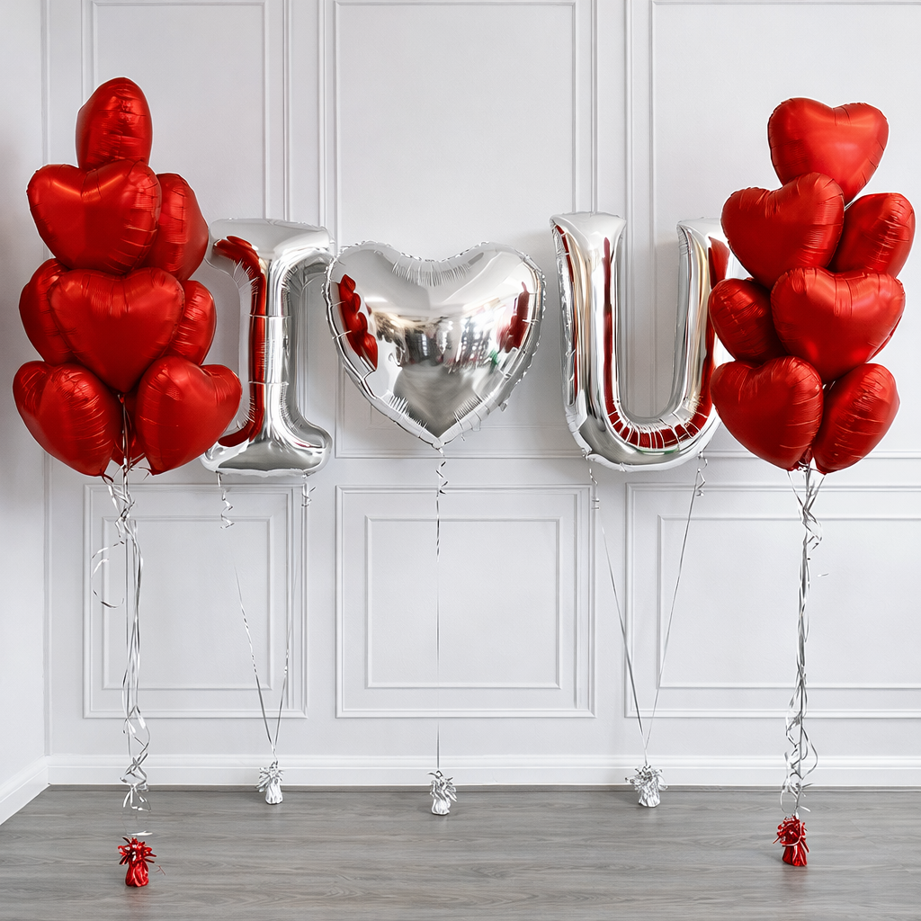 I Love You Foil Balloon Banner Letters with Red Heart Balloons