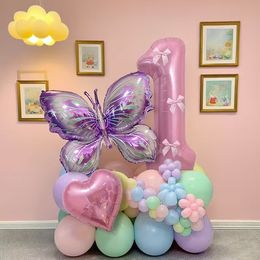 Light Pink Number Stand Balloon Kit with Purple Butterfly & Heart-Shaped Foil Balloons – Elegant Party Decorations in Dubai