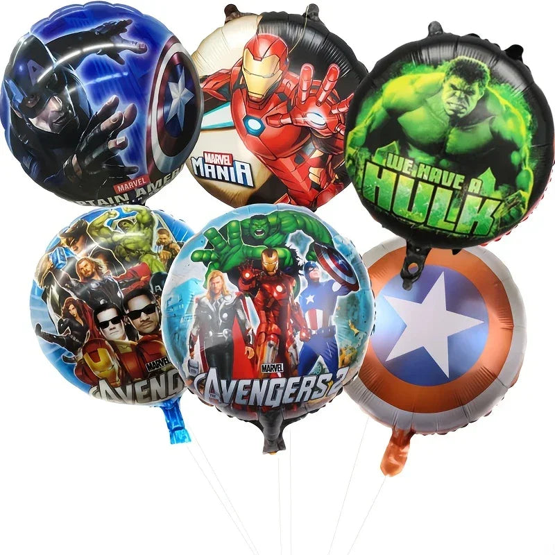 Set of Marvel Avengers foil balloons featuring Captain America, Iron Man, Hulk, Thor, and other superhero designs
