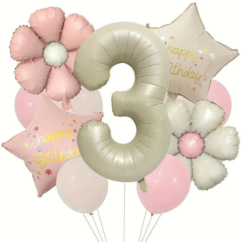 Pink and white daisy and star-shaped balloons with silver number 3 balloon for birthday party decoration