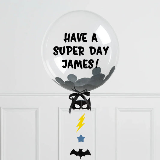 Personalised Batman confetti bubble balloon with black mask, lightning, and bat decorations