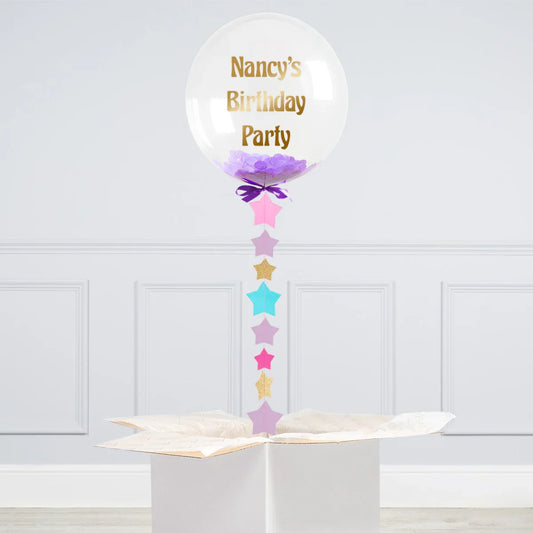 Personalised purple confetti bubble balloon with gold text and star tail in gift box