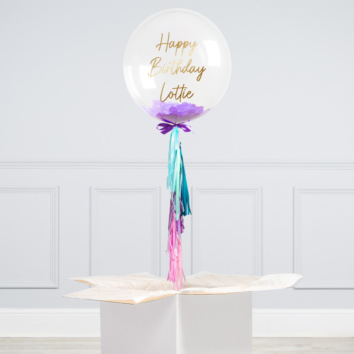 Personalised Purple Confetti Bubble Balloon – 20” Helium-Inflated