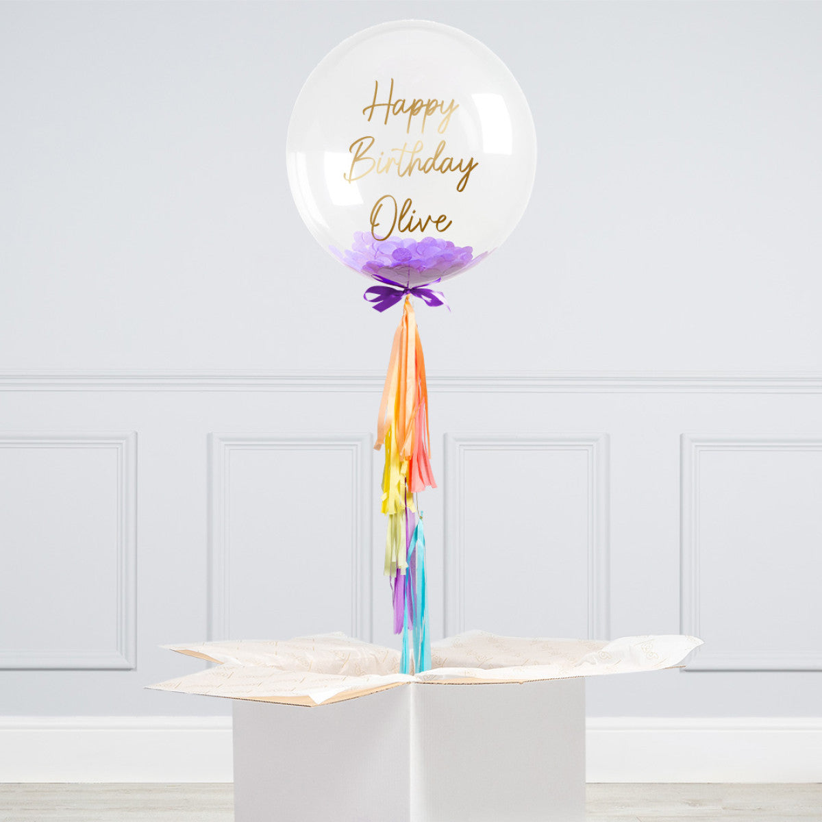 Personalised Purple Confetti Bubble Balloon – 20” Helium-Inflated