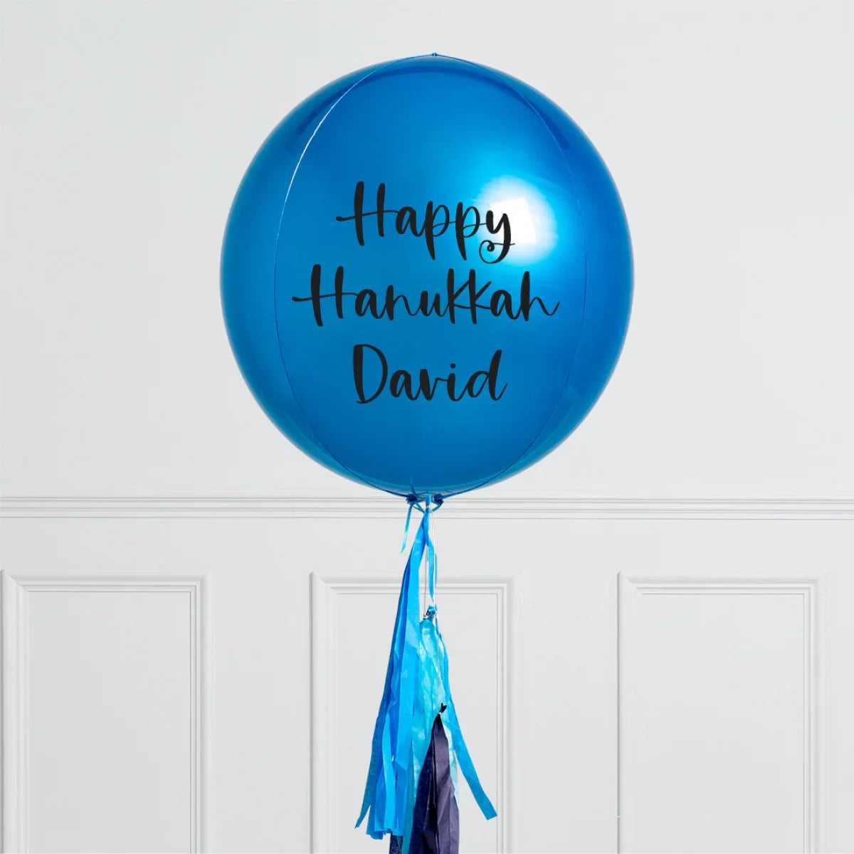 Personalised sapphire blue inflated orb balloon with Happy Hanukkah David text and hanging tassels