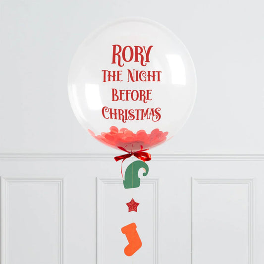 Personalised Christmas elf confetti bubble balloon with red writing, hanging ornaments