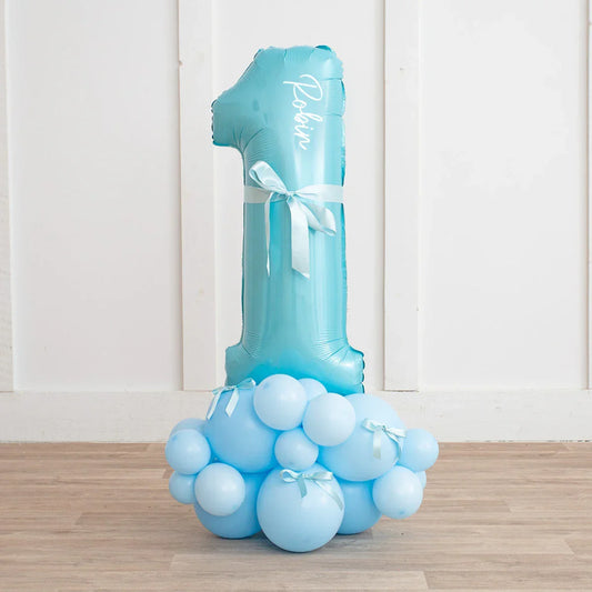 Personalized Baby Blue Bows Inflated Number Balloon Stack