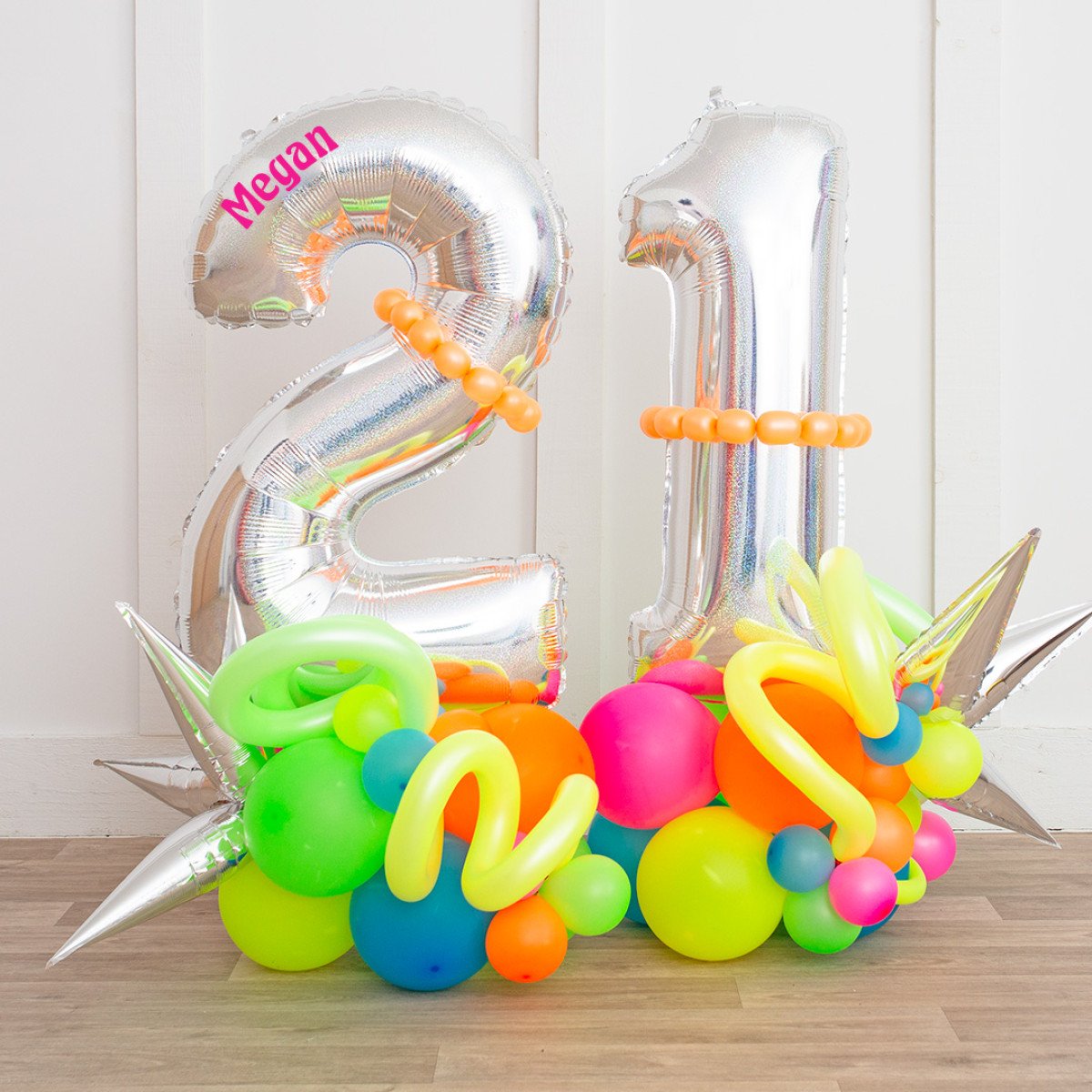 Holographic Silver Number Balloon on Neon Rainbow Stack
