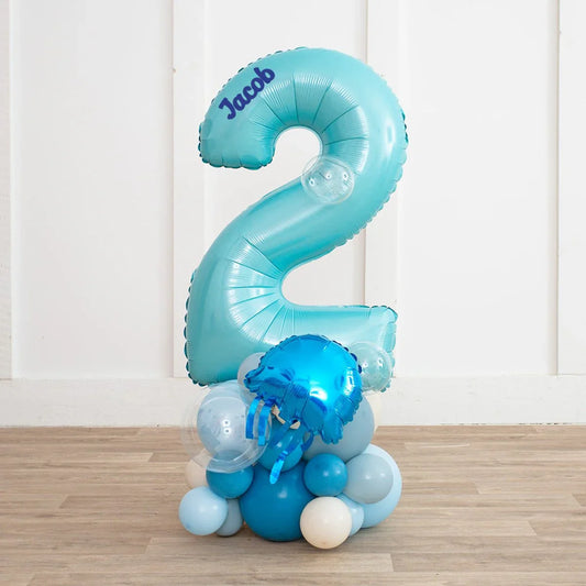 Personalized blue number 2 balloon stack with ocean theme and jellyfish for birthday party