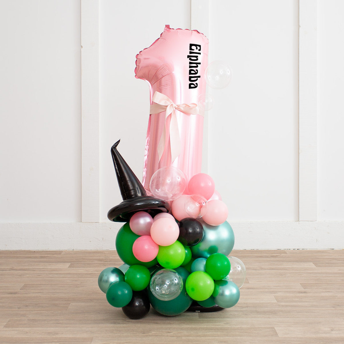 Wicked Themed Balloon Stack with Personalized Pink Number