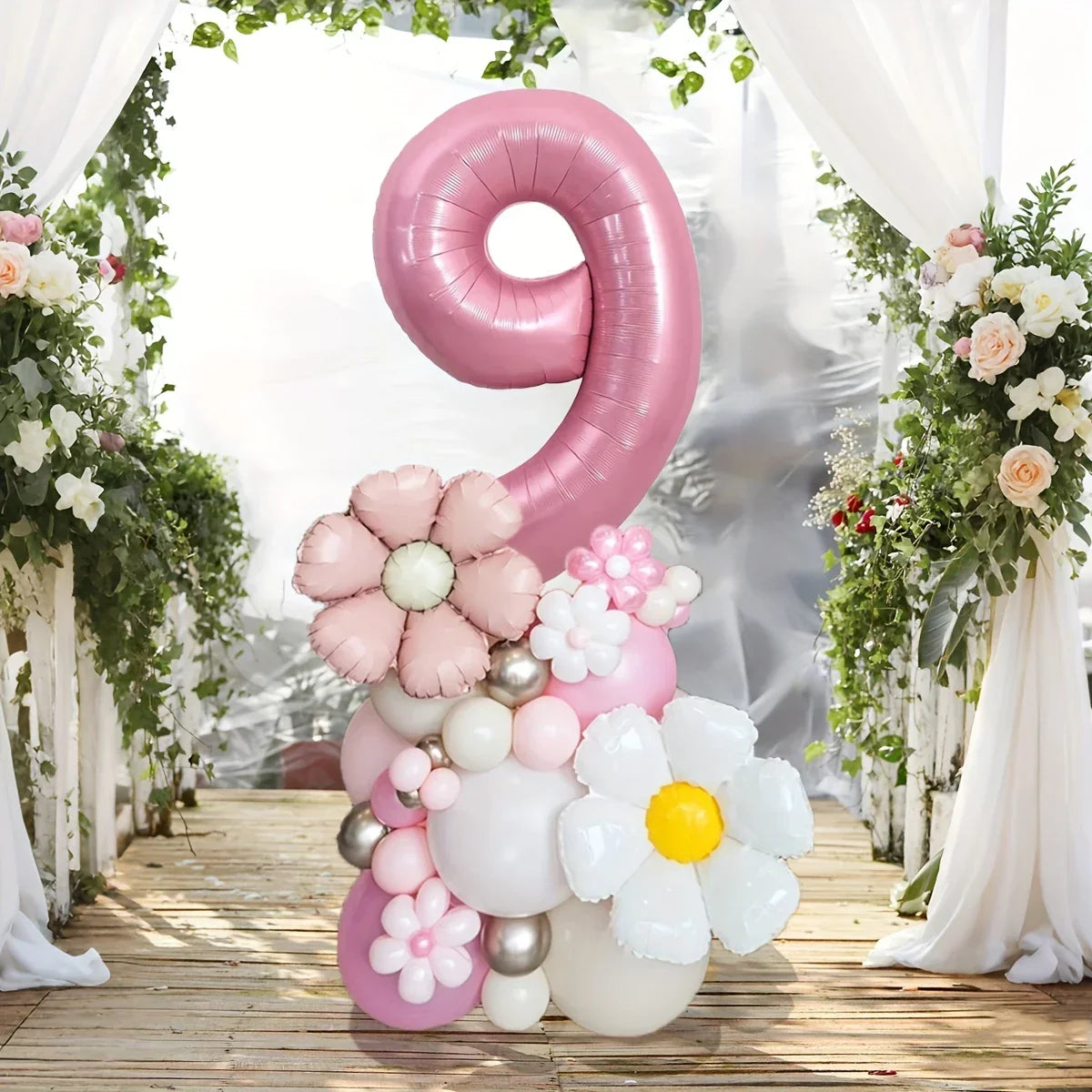 Pink Number Balloon Column with Daisy Accents – Daisy-Themed Party Decor in Dubai