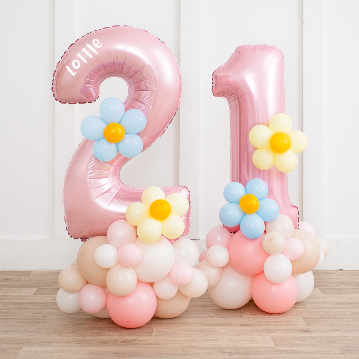 Personalized Baby Pink Foil Number Balloon Stack with Pink Pastel Daisy Base