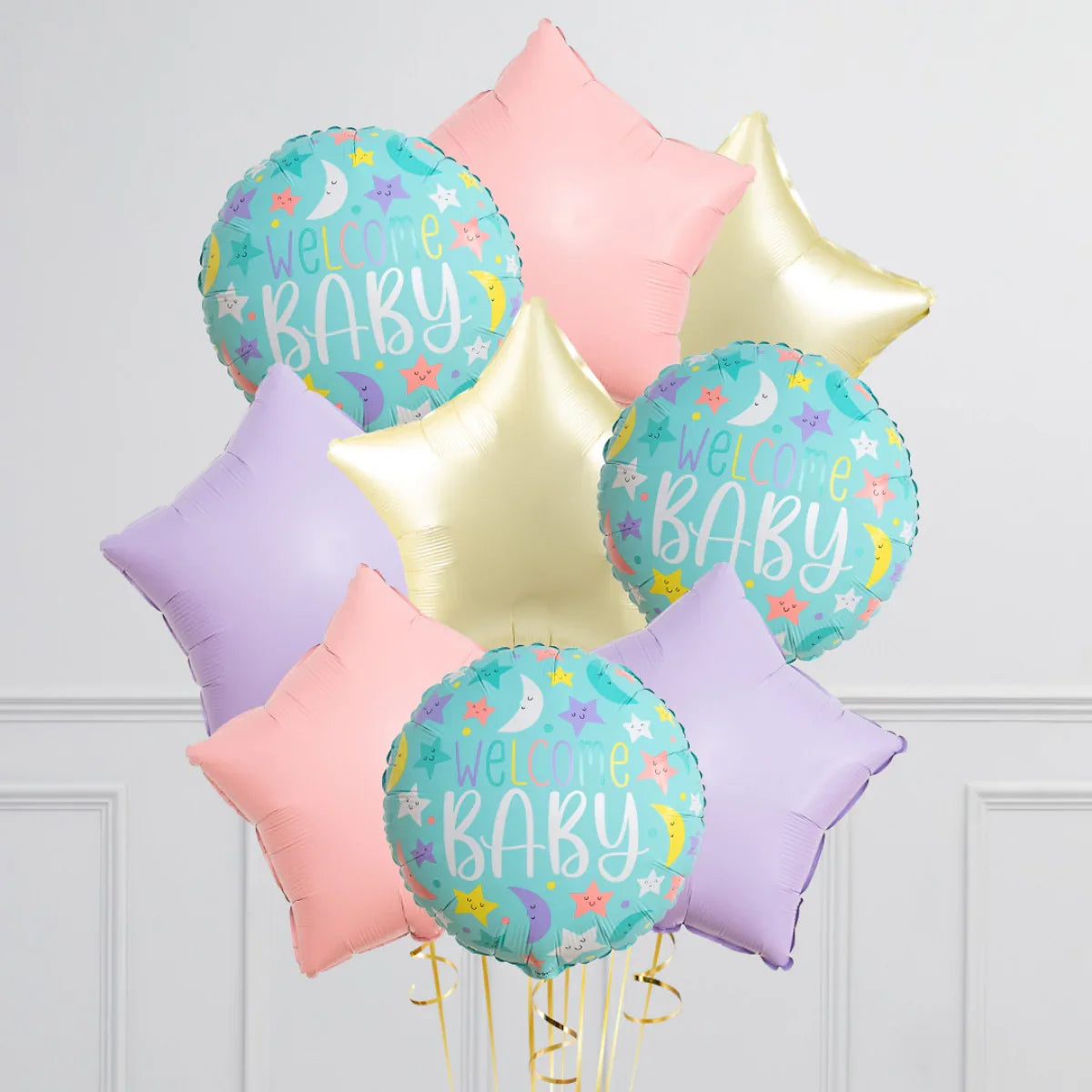 Welcome baby foil balloon bunch with pastel pink, purple, gold star-shaped and moon star patterned balloons