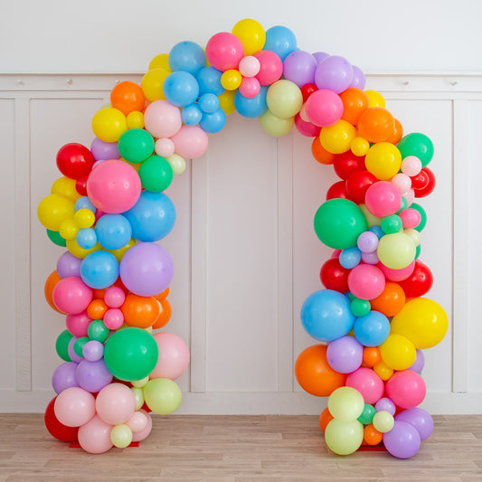 Rainbow Bright Balloon Arch – 2m x 2m Freestanding Party Showpiece