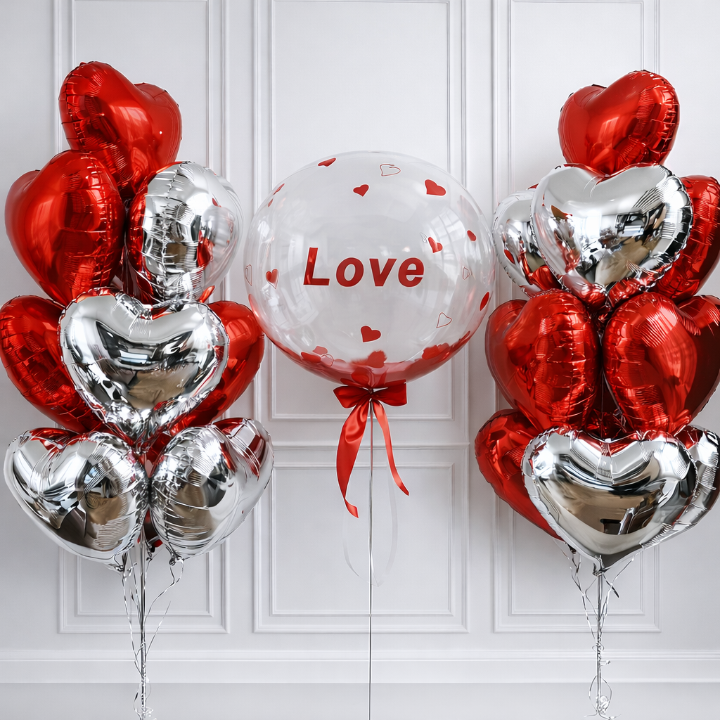 Silver and Red Heart-Shaped Foil Balloon Bunch with Personalized Bubble Balloons