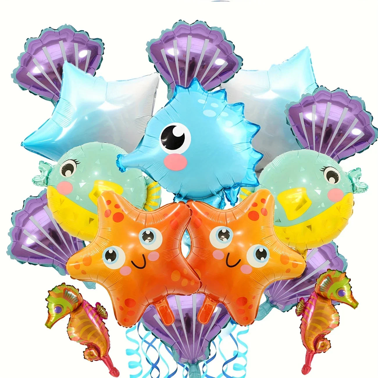 Colorful marine life foil balloons including starfish, seahorses, fish, shells, and stars on white background