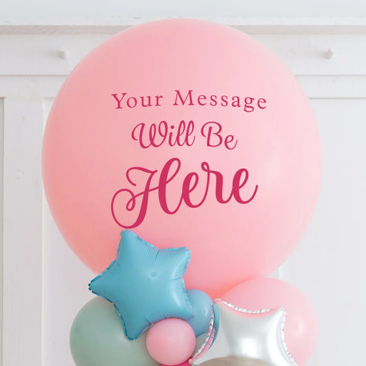 Pink balloon with customizable message, pastel star balloons, unicorn party decoration Dubai