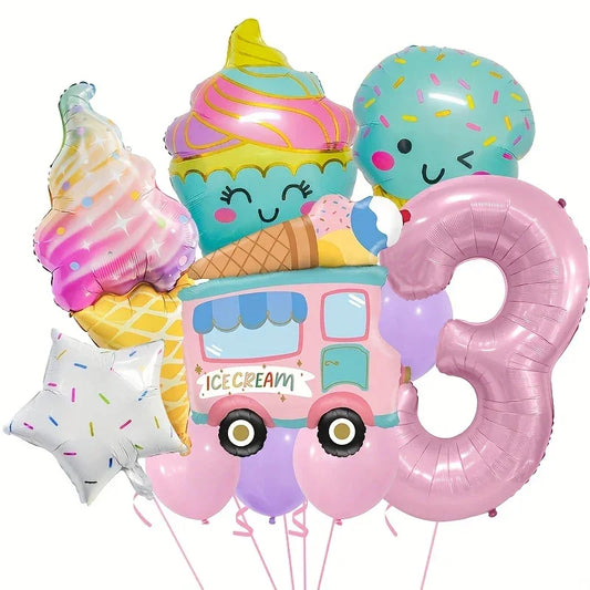 Colorful ice cream-themed balloons set including cone, cupcake, donut, ice cream truck, number 3, star with sprinkles