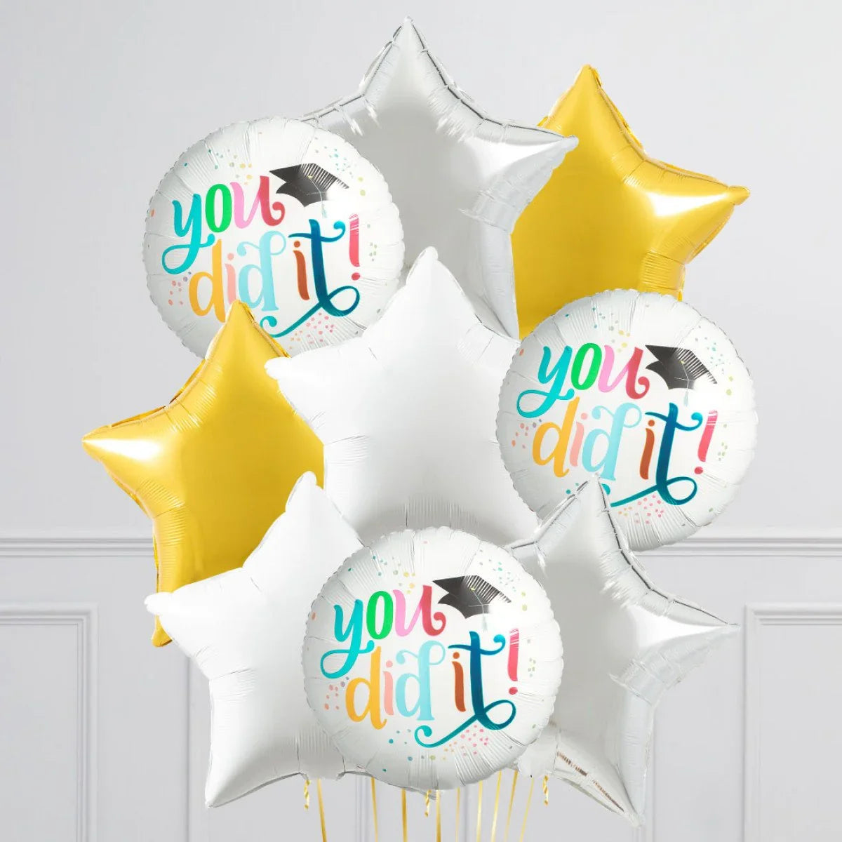 You did it graduation balloons with gold and silver star-shaped foil balloons