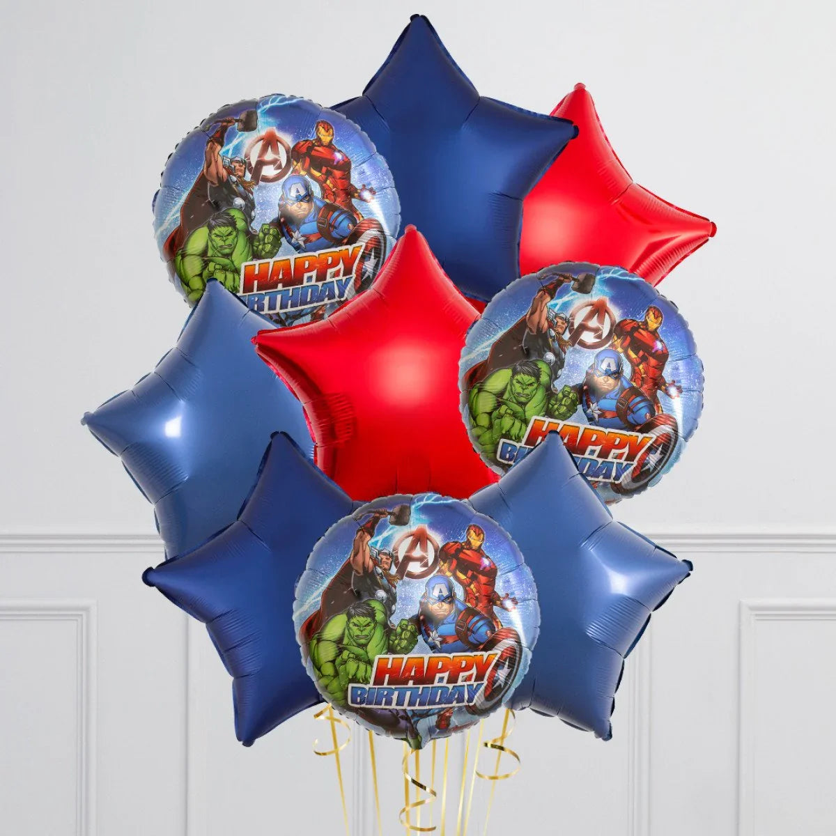Avengers-themed birthday balloons featuring Hulk, Thor, Captain America, and Iron Man with red and blue star-shaped foil balloons