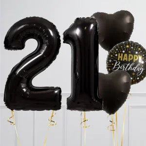 Black 21 number balloons with heart and Happy Birthday balloon for 21st birthday Dubai party