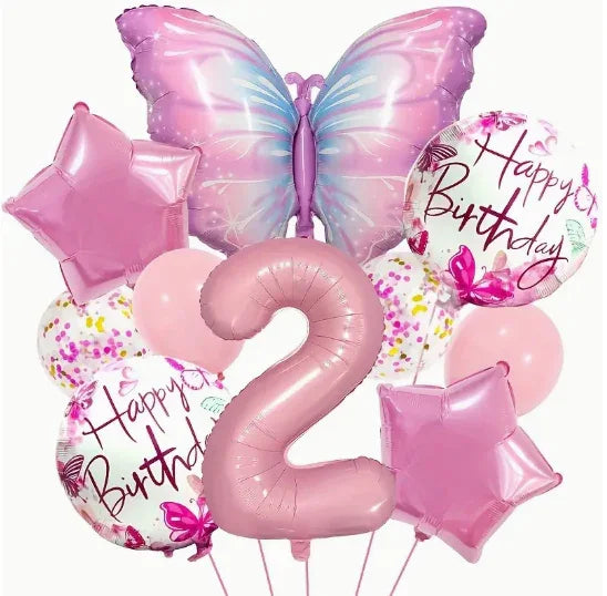 Pink and purple butterfly and number 2 balloons with Happy Birthday and star-shaped balloons