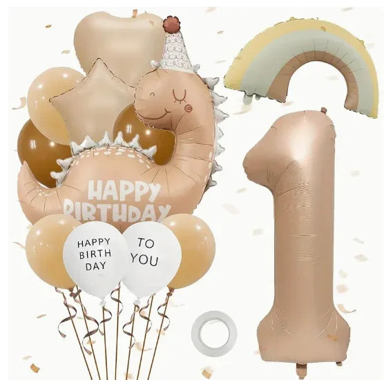 Caramel and white birthday balloons including dinosaur shape, number 1, rainbow, and Happy Birthday text