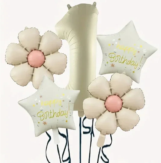 Cream-colored balloon set with number 1, two star-shaped Happy Birthday balloons, and two balloon flowers