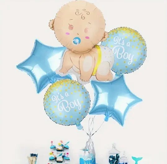Blue gender reveal balloons with baby shape and 'It's a Boy' text, plus star-shaped balloons for party decoration