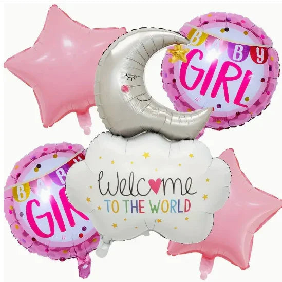 Baby girl gender reveal balloons set with pink stars, round girl balloons, silver moon, and welcome cloud