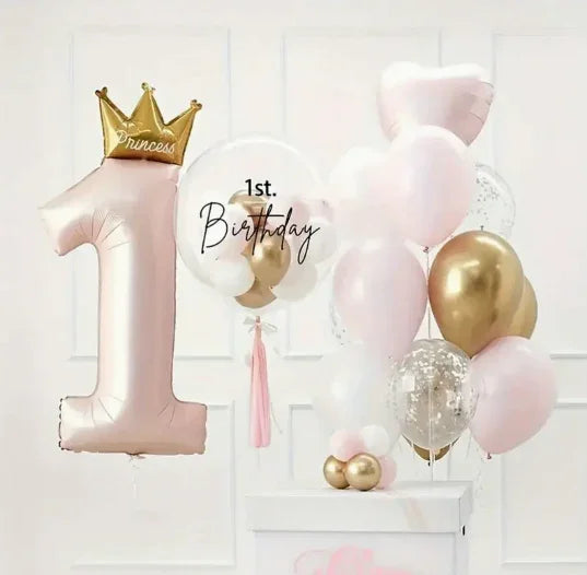 Elegant pink and gold 1st birthday balloons with princess crown and heart shapes