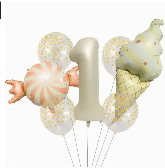 Birthday balloon bouquet with number 1, ice cream cone, swirled candy, and white confetti balloons