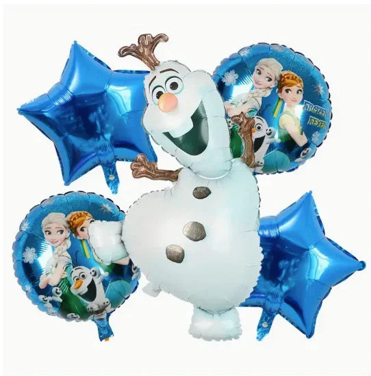 Frozen theme balloons set featuring Olaf, blue star-shaped balloons, and characters Elsa and Anna