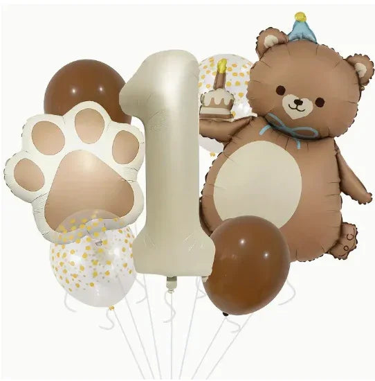 helium balloons set with large number 1, bear holding birthday cake, paw print, brown and confetti balloons