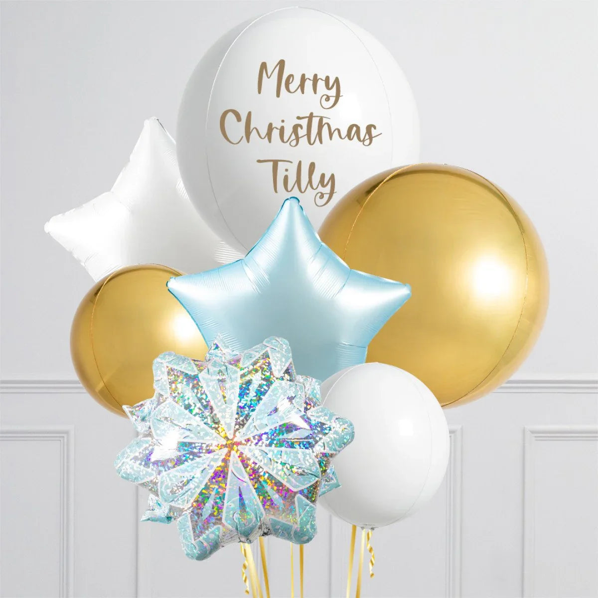 Personalised Christmas balloon bouquet with gold, white, blue star and snowflake balloons
