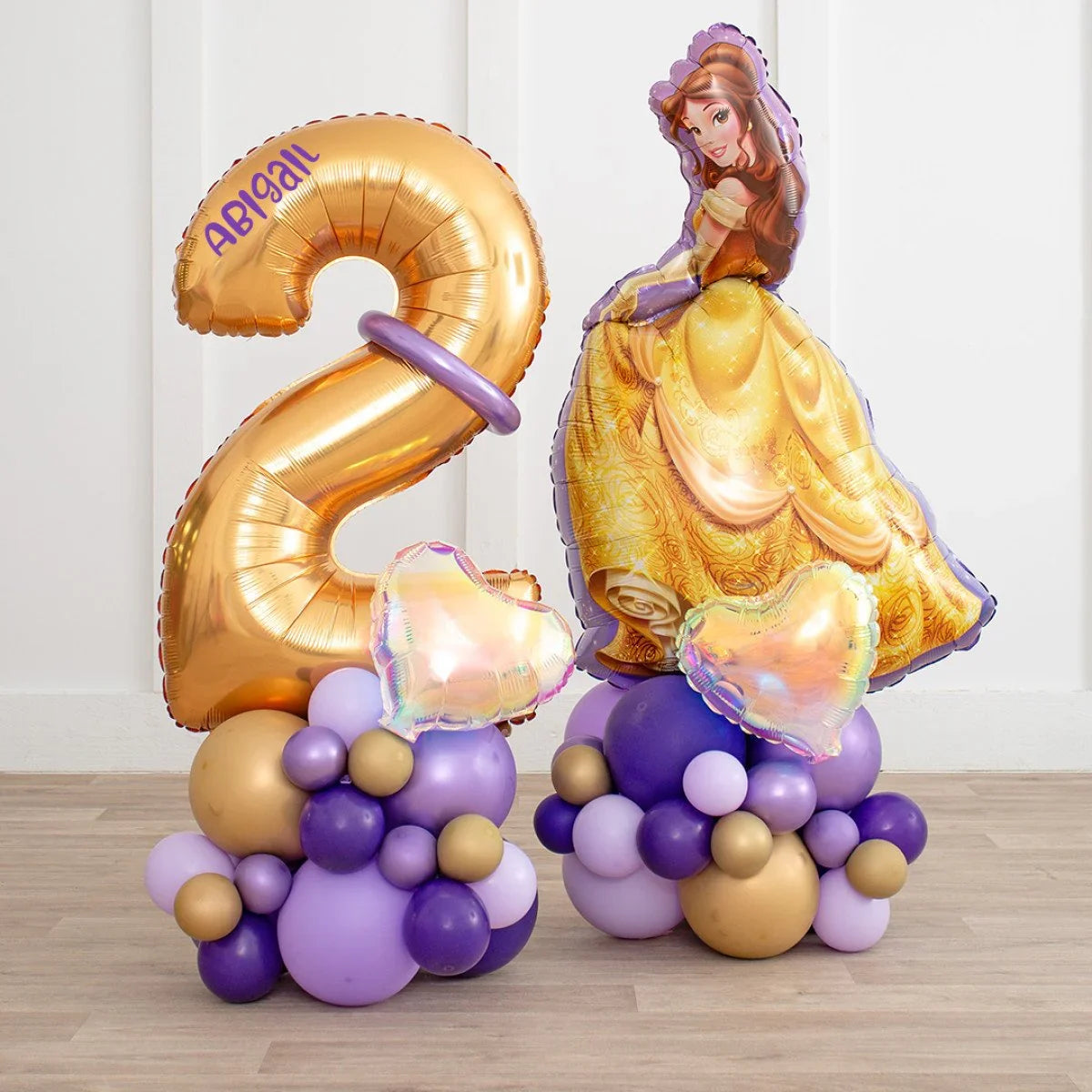 Gold number 2 balloon with purple ring and name Abigail, Belle princess balloon, purple and gold balloon bouquet