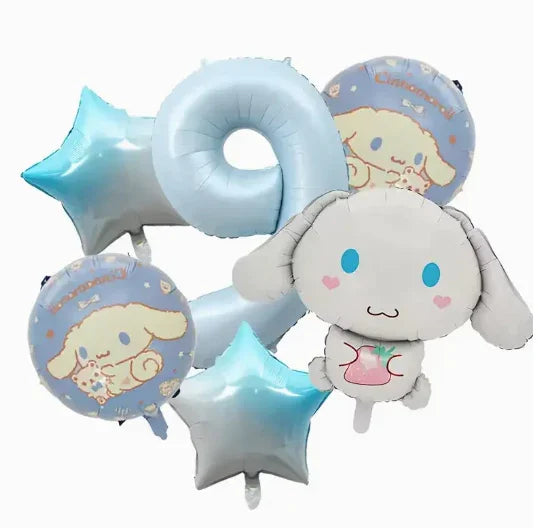 Sanrio Cinnamoroll character foil balloons including stars, number nine, and round balloons with cute illustrations