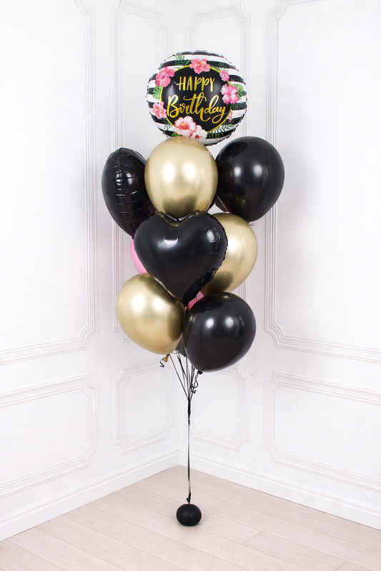 Birthday Girl Helium Balloon – Happy Birthday Flower (Black & Gold)