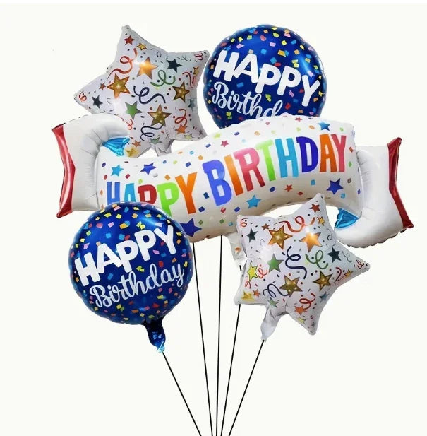 Colorful happy birthday balloon set with star-shaped and round balloons featuring confetti and festive designs