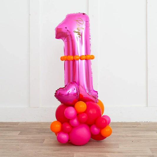Pink number one balloon with orange and pink balloon base, birthday party decor