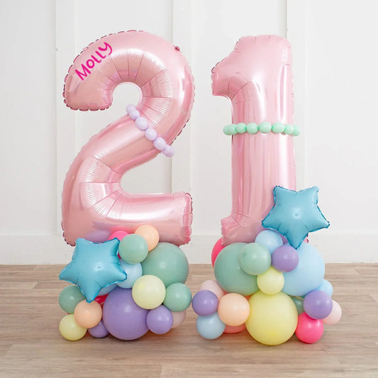Personalized pastel rainbow 21 number balloon stack with stars for birthday party